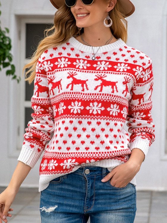 Women Snowflake Printing Winter Casual Long Sleeve Crew Neck Sweater