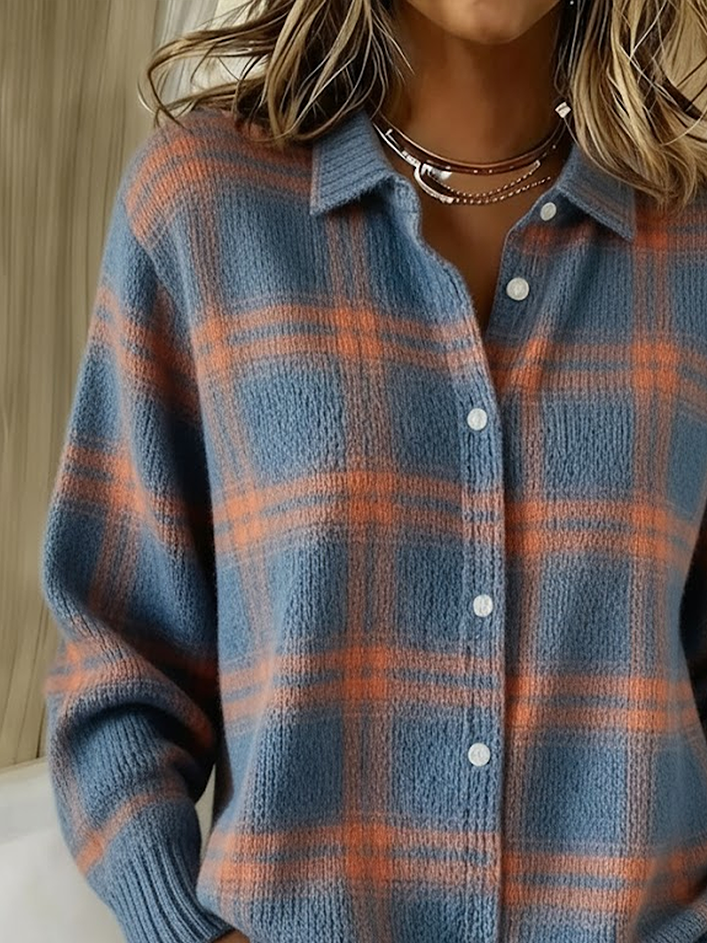 Women Plaid Printing Long Sleeve Shawl Collar Vintage Spring/Fall Cardigan Outerwear
