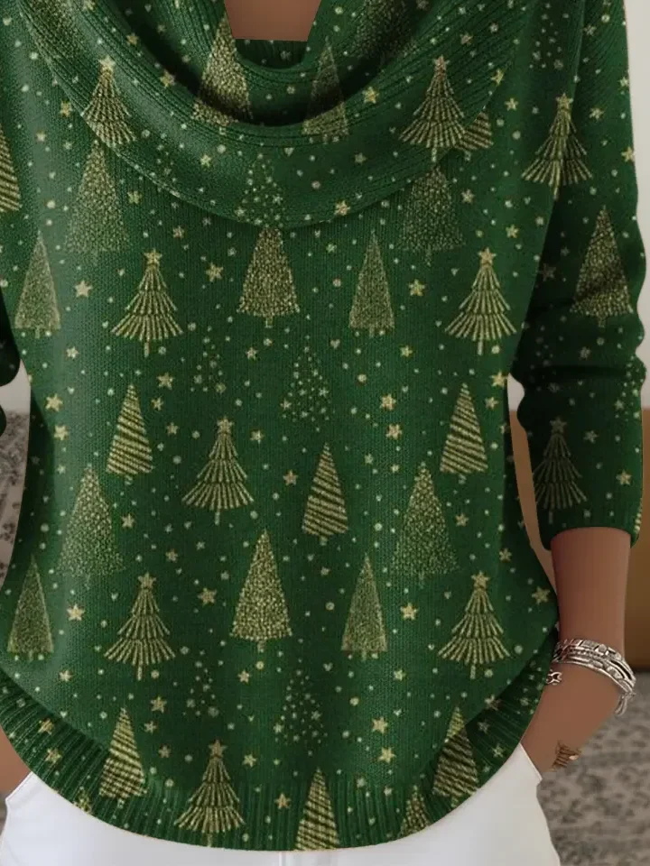 Women Christmas Printing Spring/Fall Casual Long Sleeve Cowl Neck Sweater