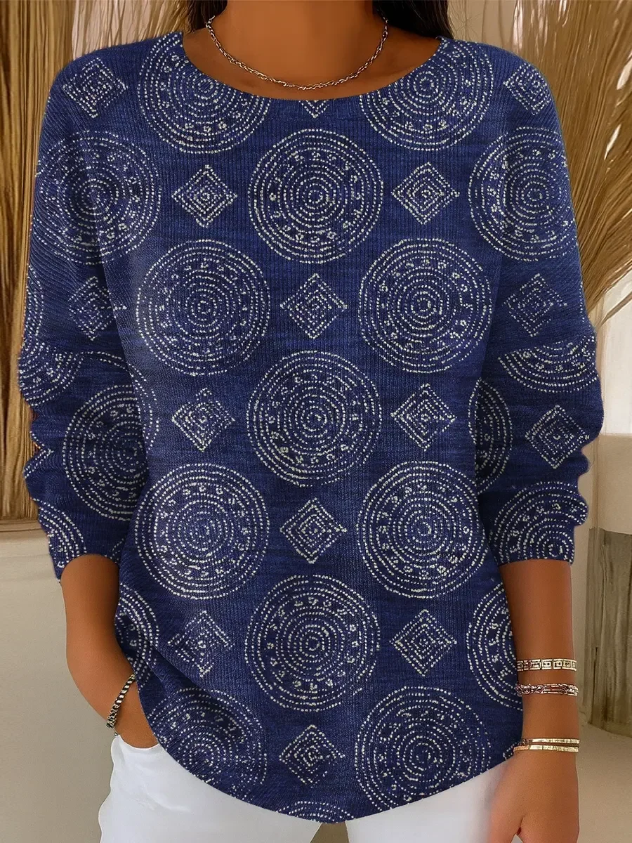 Women Abstract Printing Spring/Fall Casual Long Sleeve Crew Neck Sweater