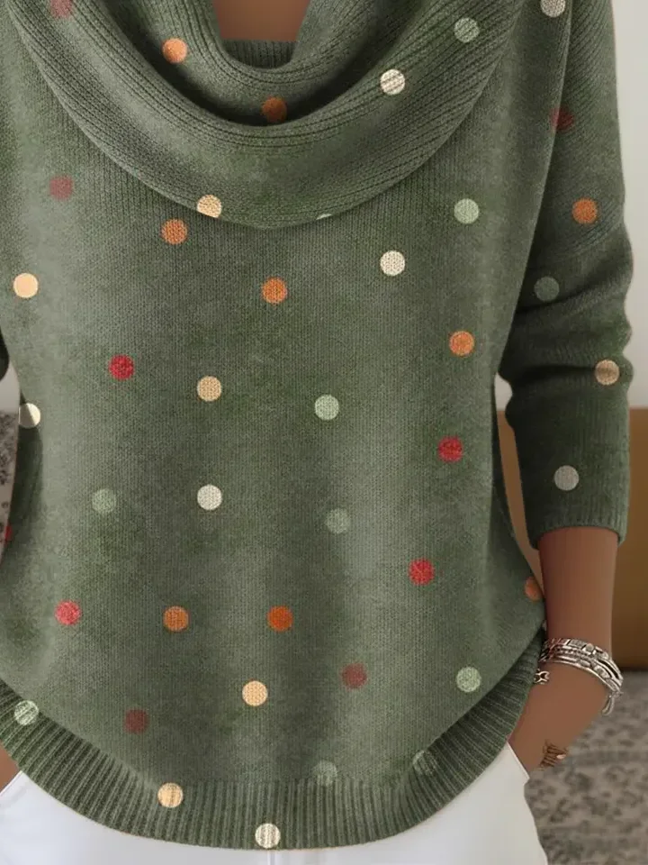 Women Polka Dots Printing Spring/Fall Casual Long Sleeve Cowl Neck Sweater