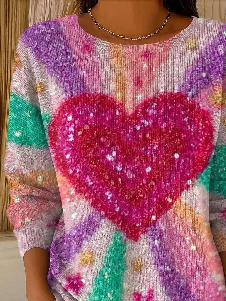 Women Heart/Cordate Printing Spring/Fall Casual Long Sleeve Crew Neck Sweater