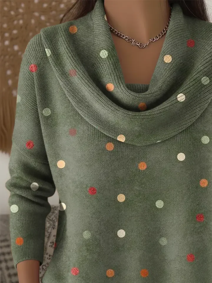 Women Polka Dots Printing Spring/Fall Casual Long Sleeve Cowl Neck Sweater