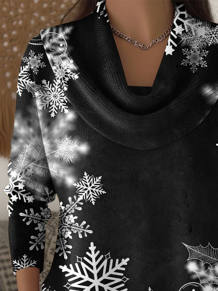 Women Christmas Printing Spring/Fall Casual Long Sleeve Cowl Neck Sweater