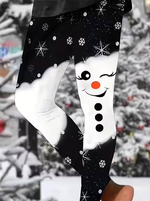 Women Christmas Snowman Casual All Season Printing Long Leggings