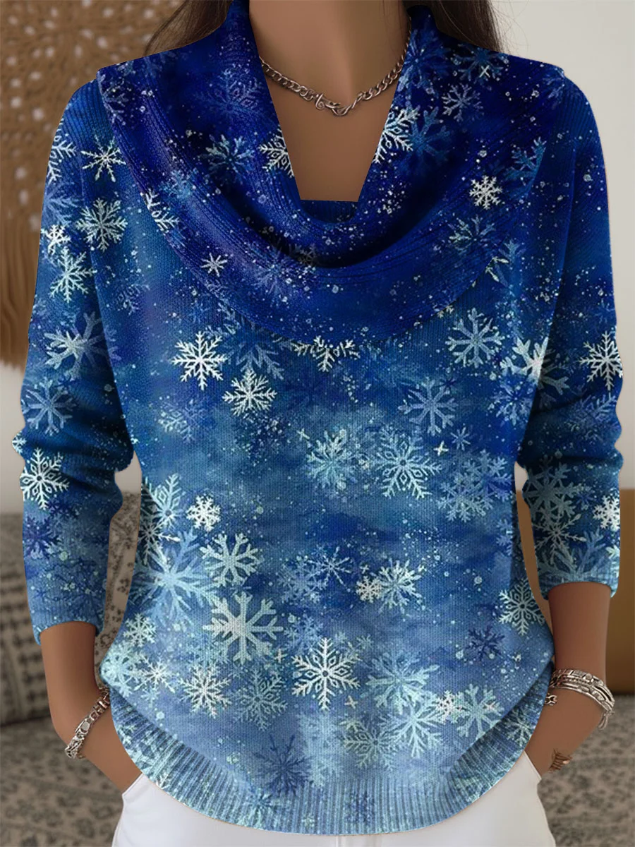Women Christmas Printing Spring/Fall Casual Long Sleeve Cowl Neck Sweater