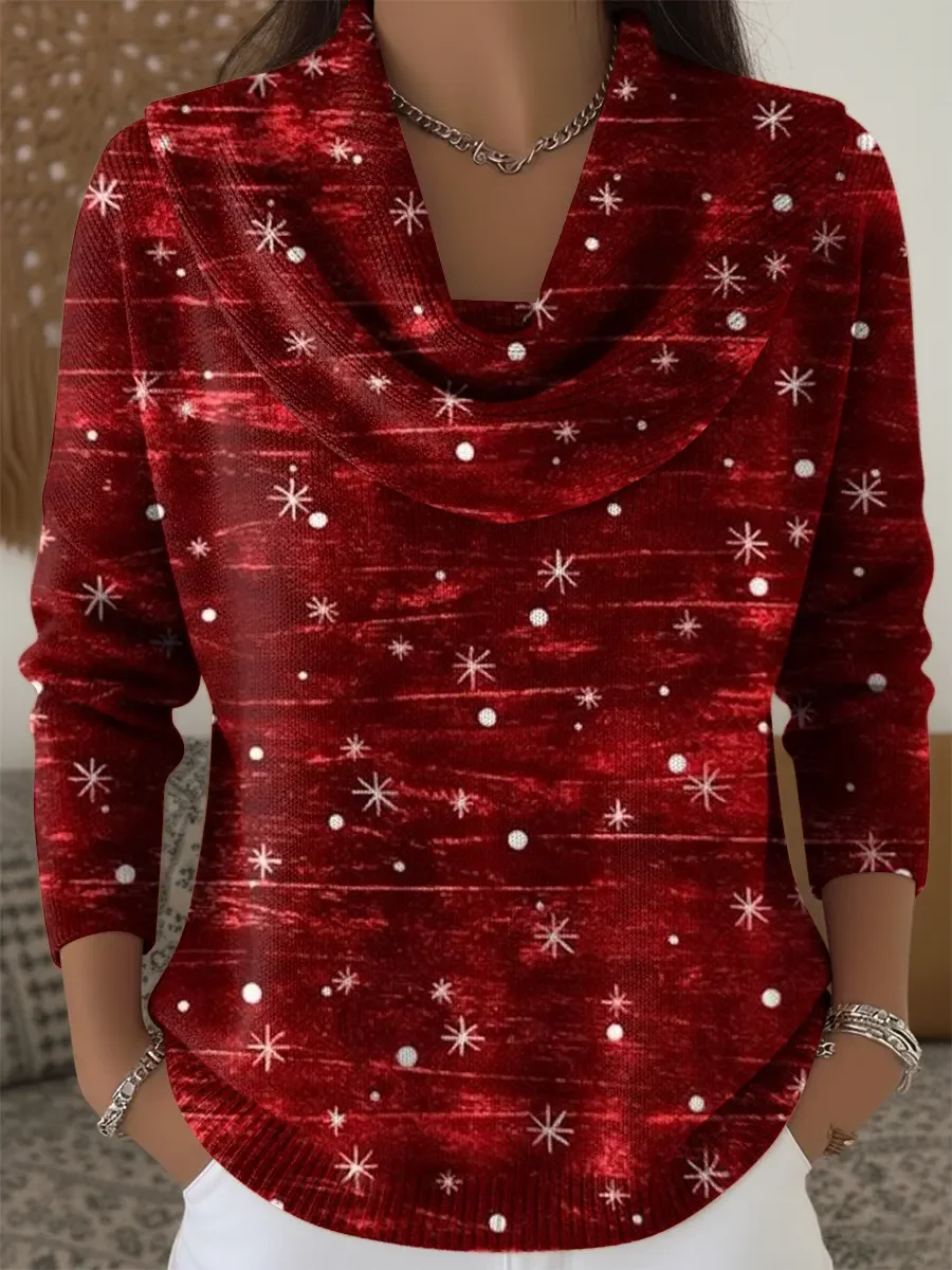 Women Christmas Printing Spring/Fall Casual Long Sleeve Cowl Neck Sweater