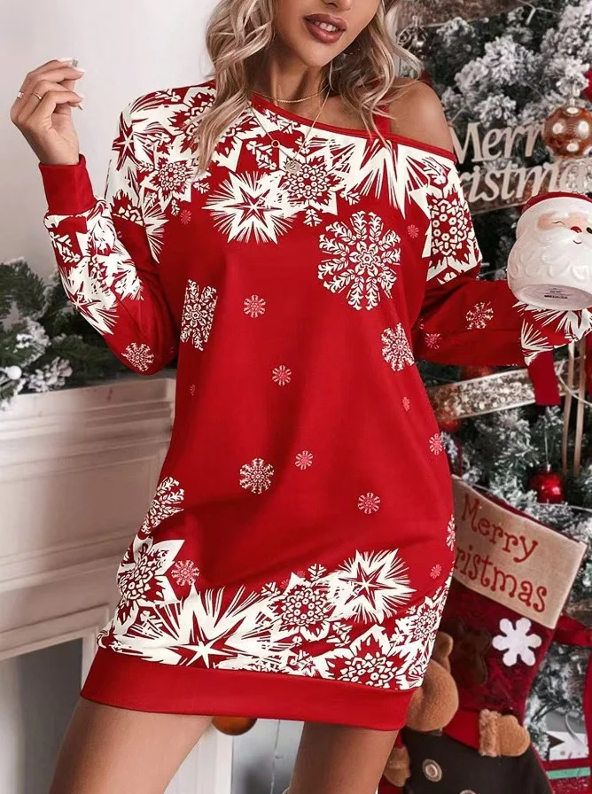Women Christmas Long Sleeve Spring/Fall Printing Dress Cold Shoulder Daily Vintage Mini Hip Skirt A-Line Dress