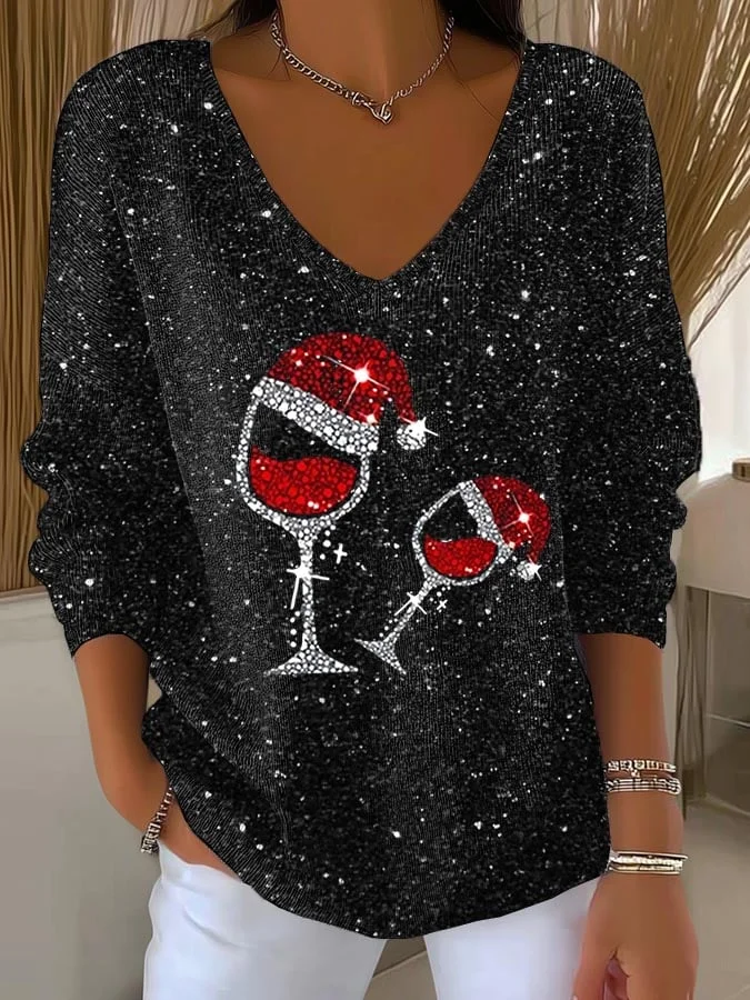 Women Christmas Long Sleeve Tee T-shirt V Neck Printing Casual Spring/Fall Top