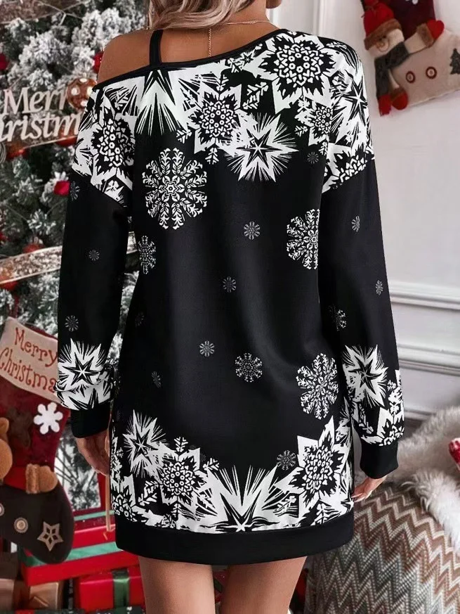 Women Christmas Long Sleeve Spring/Fall Printing Dress Cold Shoulder Daily Vintage Mini Hip Skirt A-Line Dress
