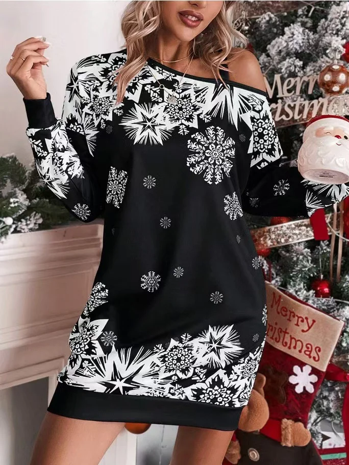 Women Christmas Long Sleeve Spring/Fall Printing Dress Cold Shoulder Daily Vintage Mini Hip Skirt A-Line Dress