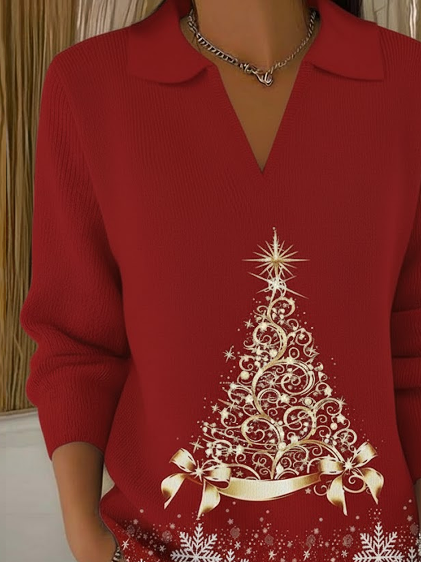 Women Christmas Printing Spring/Fall Casual Long Sleeve Shawl Collar Sweater