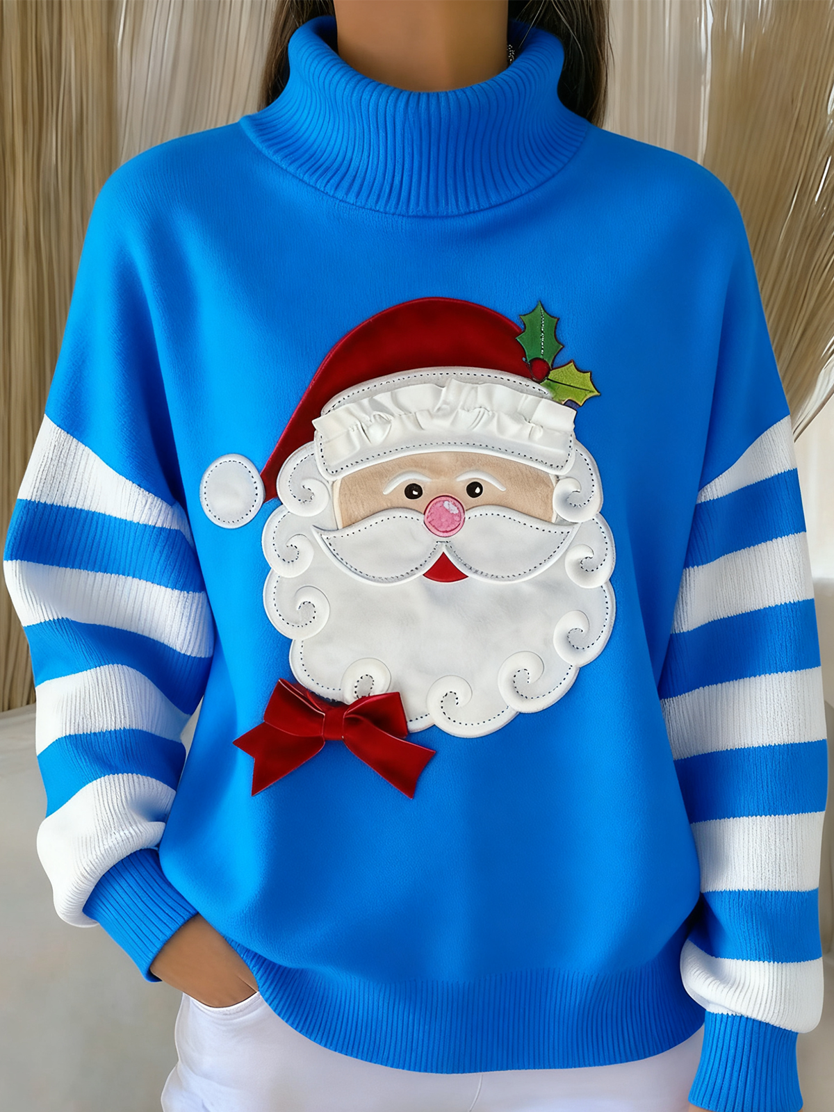 Women Striped Winter Vintage Long Sleeve Turtleneck Sweater