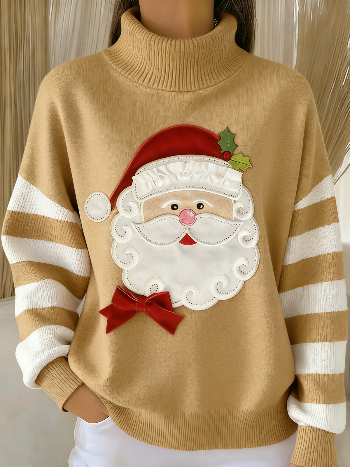 Women Striped Winter Vintage Long Sleeve Turtleneck Sweater