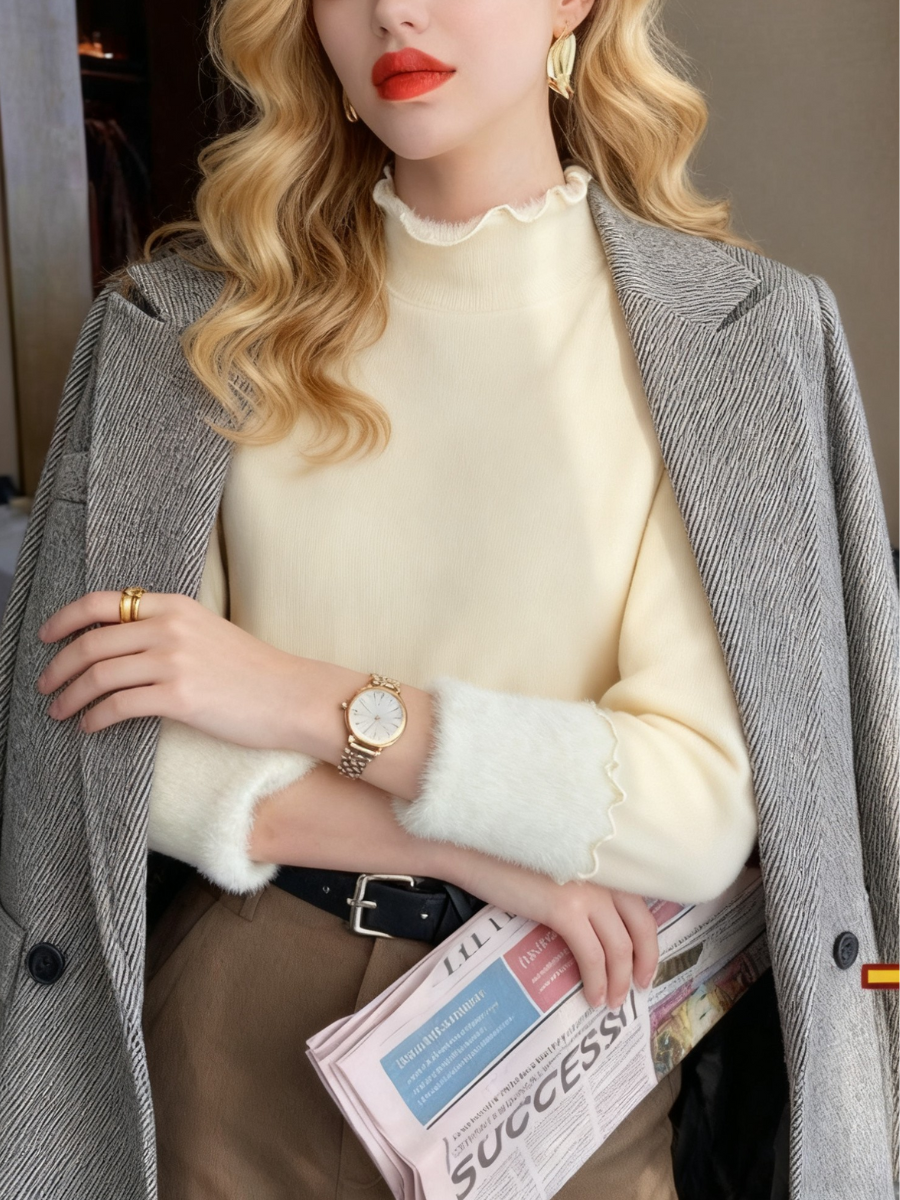 Women Plain Long Sleeve Tee T-shirt Mock Neck Split Joint Casual Spring/Fall Top