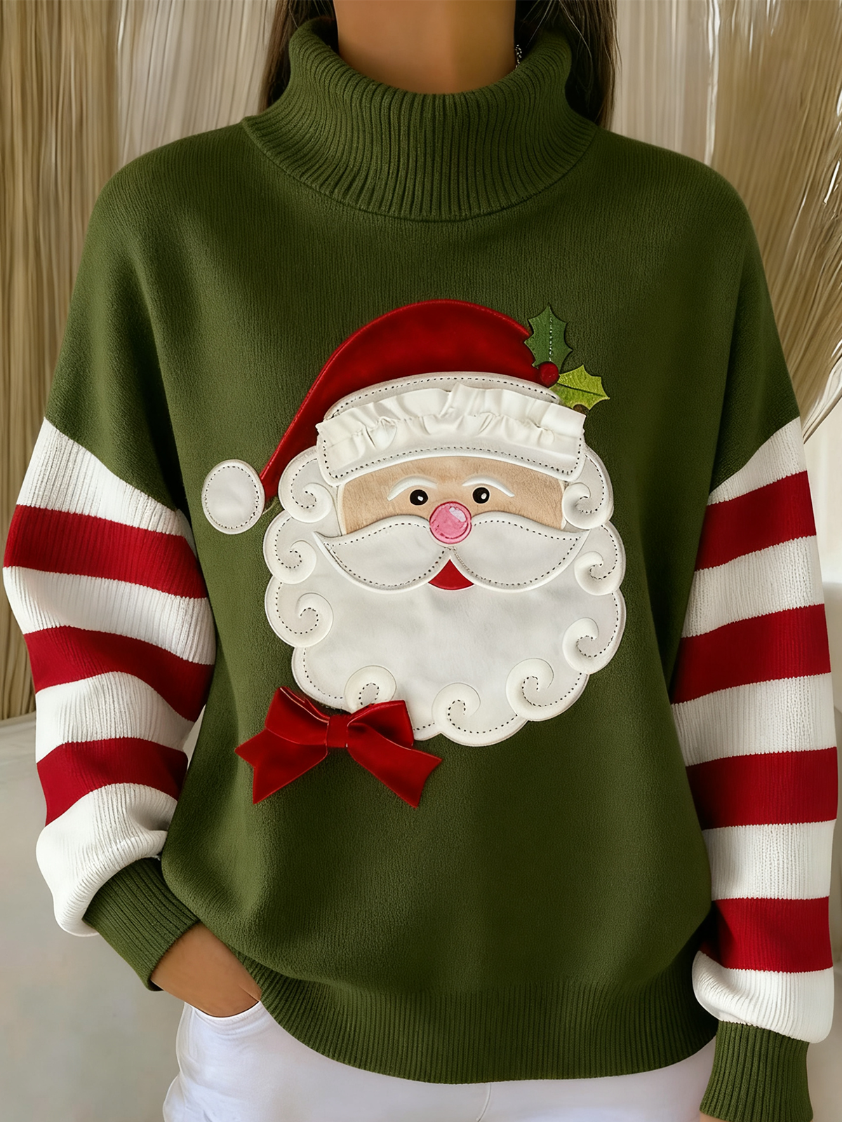 Women Striped Winter Vintage Long Sleeve Turtleneck Sweater