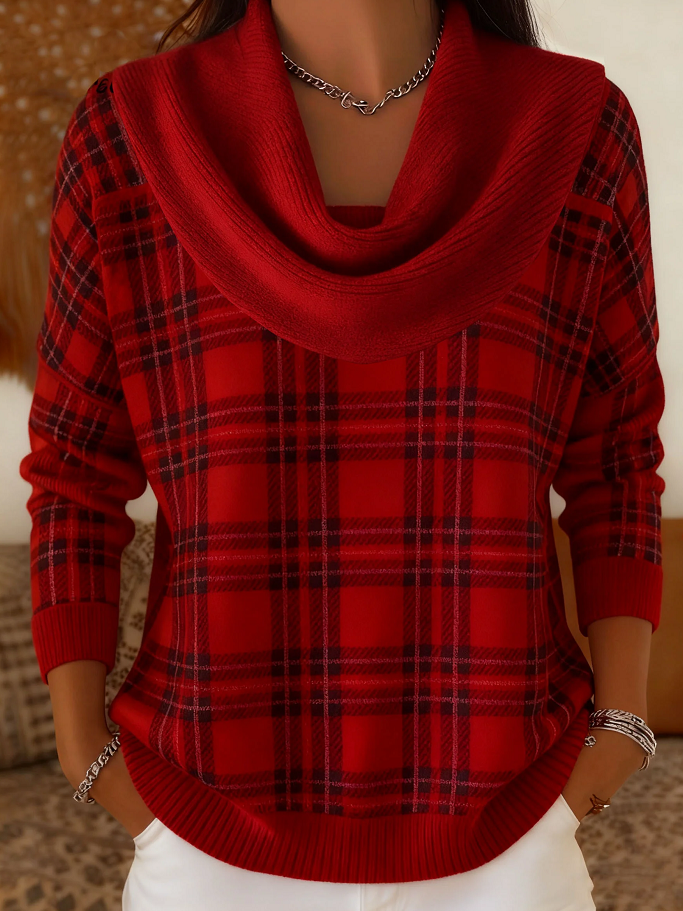 Women Plaid Printing Spring/Fall Casual Long Sleeve Cowl Neck Sweater