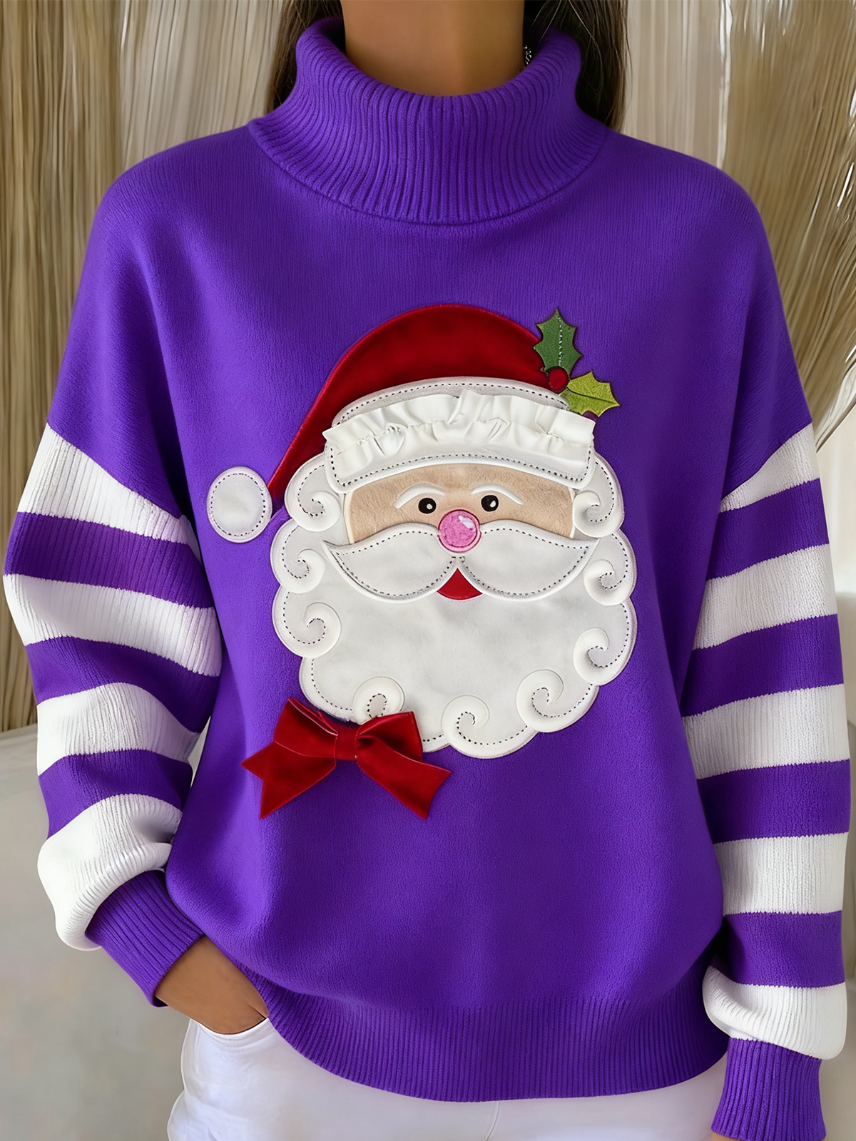 Women Striped Winter Vintage Long Sleeve Turtleneck Sweater