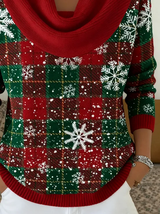 Women Christmas Printing Spring/Fall Casual Long Sleeve Cowl Neck Sweater