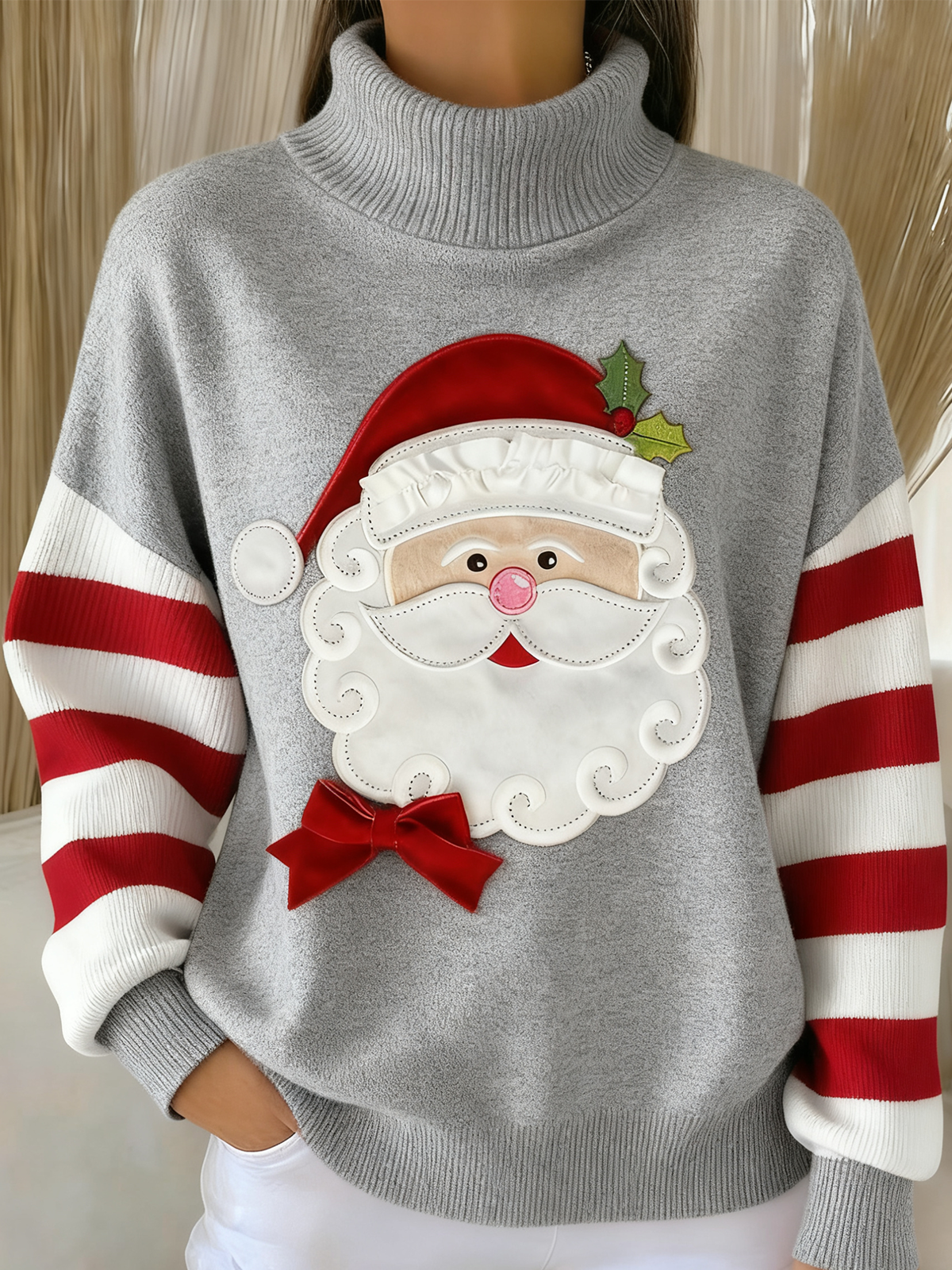 Women Striped Winter Vintage Long Sleeve Turtleneck Sweater