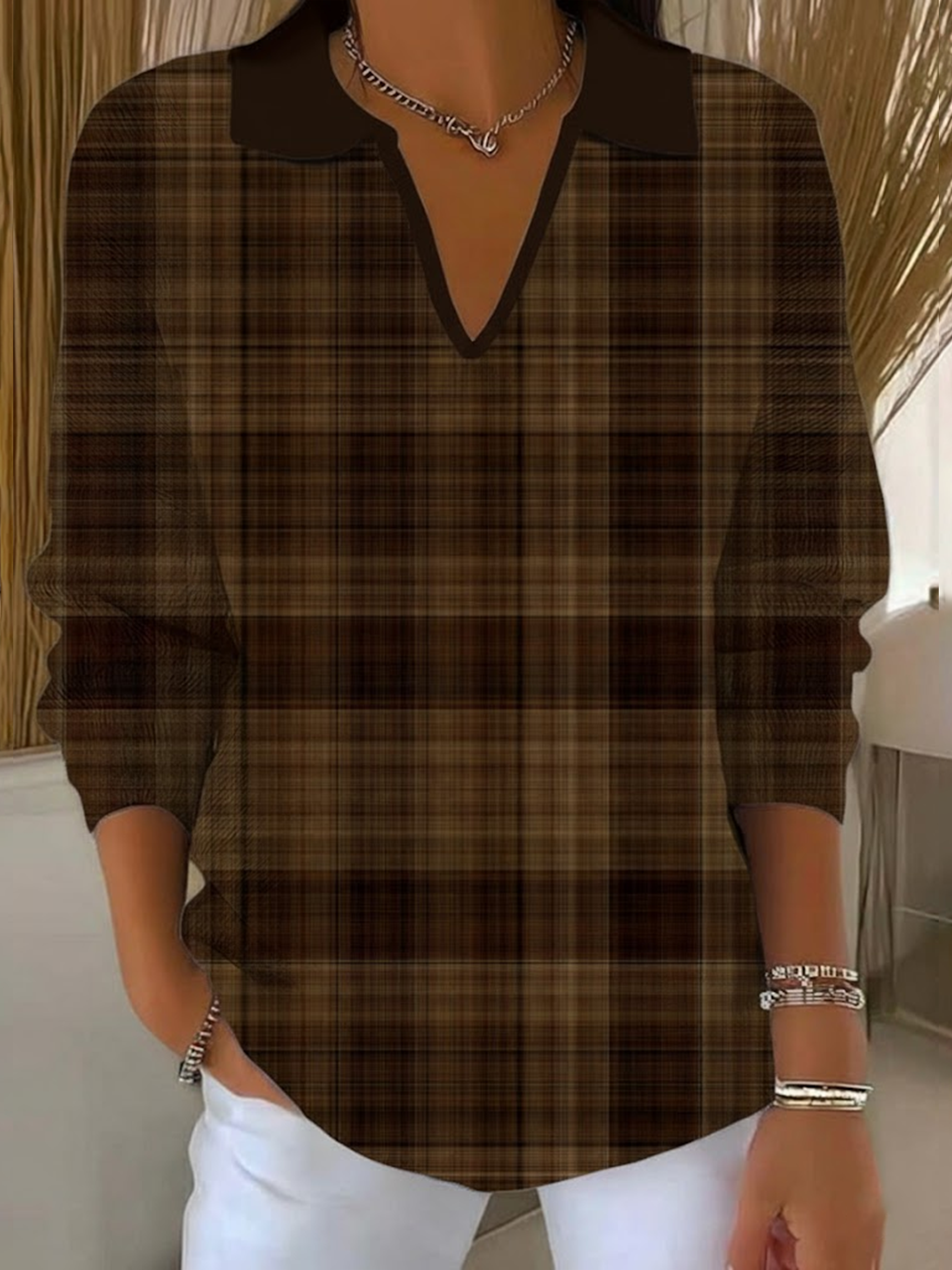 Women Plaid Printing Spring/Fall Casual Long Sleeve Shawl Collar Sweater