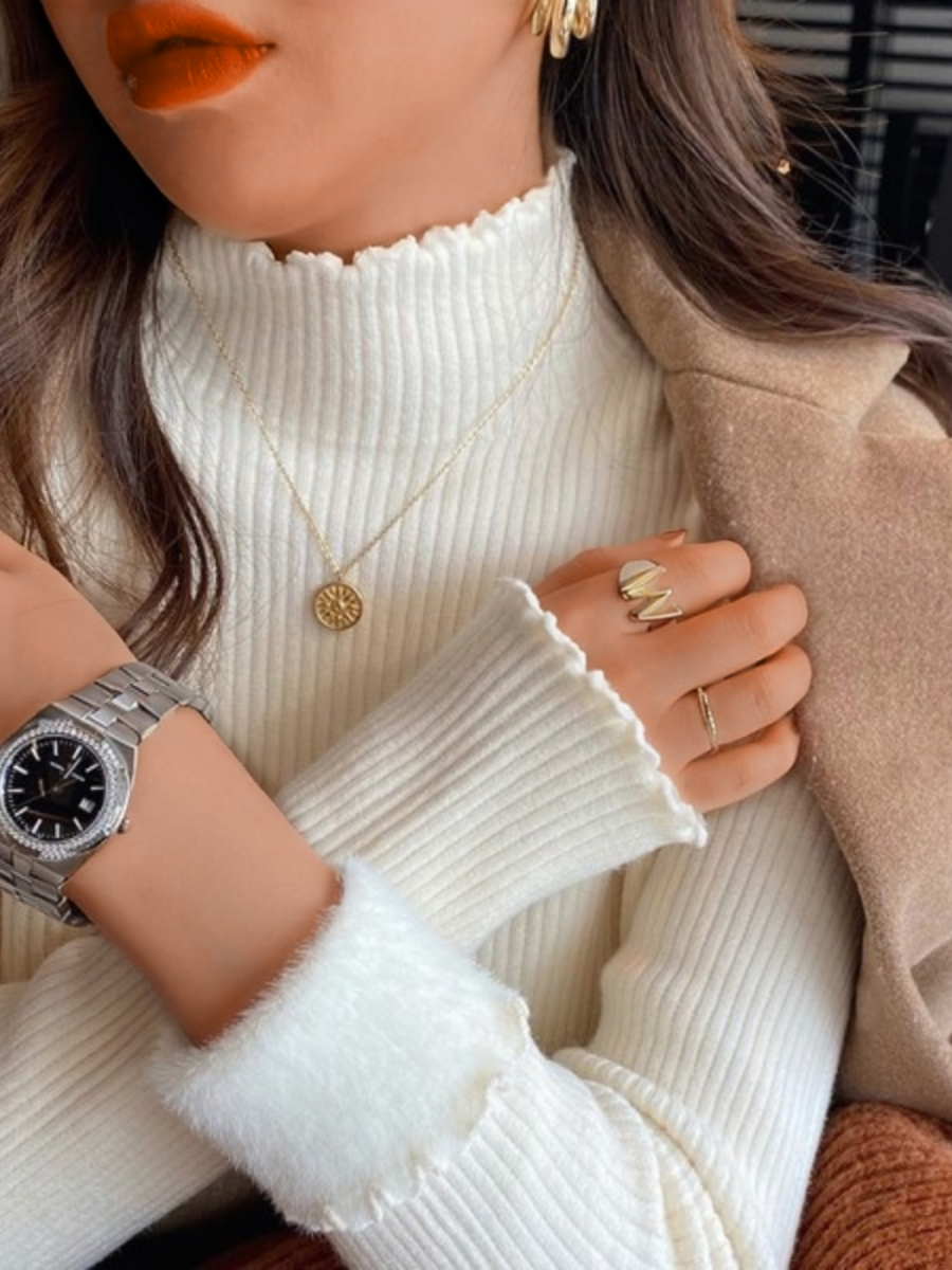 Women Plain Long Sleeve Tee T-shirt Mock Neck Split Joint Casual Spring/Fall Top