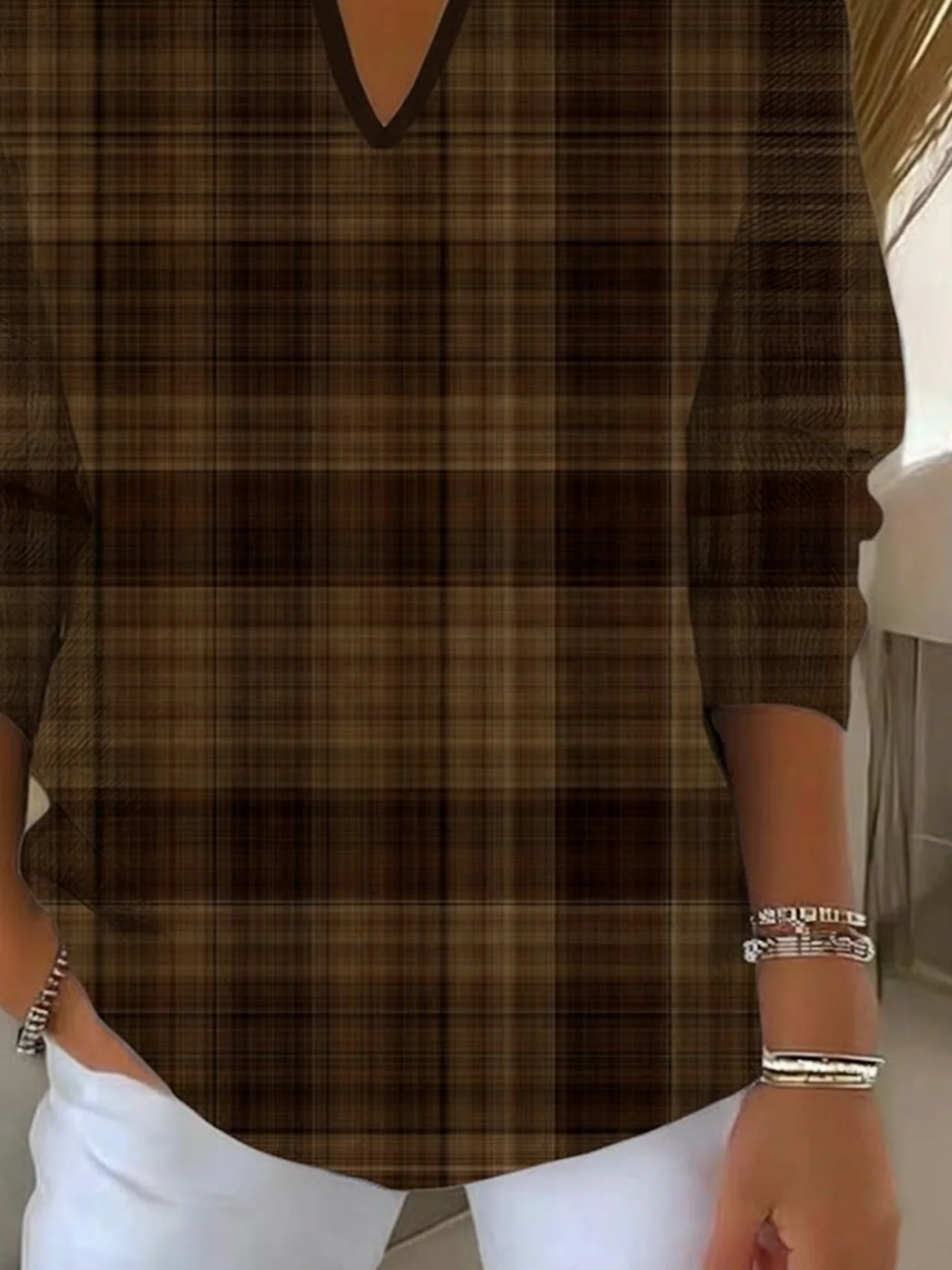 Women Plaid Printing Spring/Fall Casual Long Sleeve Shawl Collar Sweater