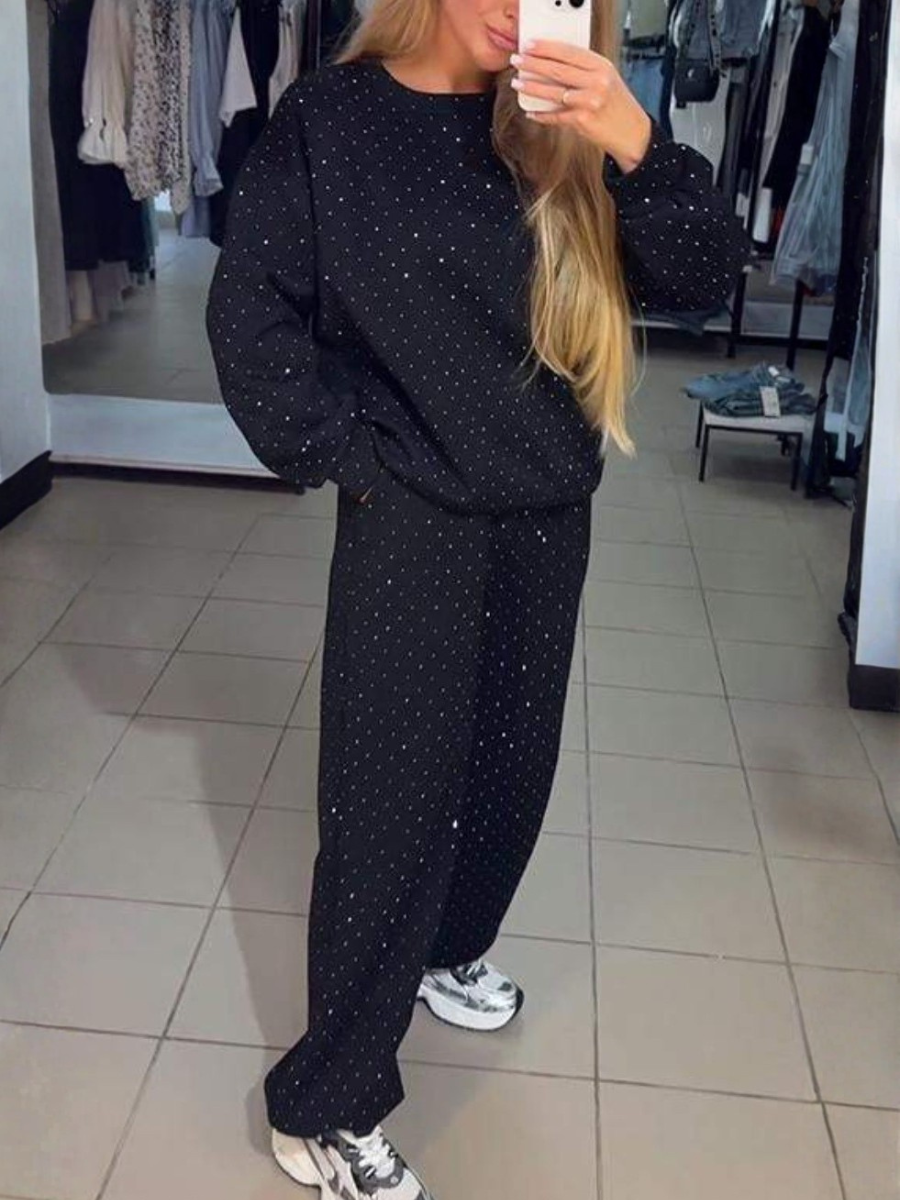 Women Plain Split Joint Two-Piece Set Daily Long Sleeve Casual Spring/Fall Top With Pants Matching Set