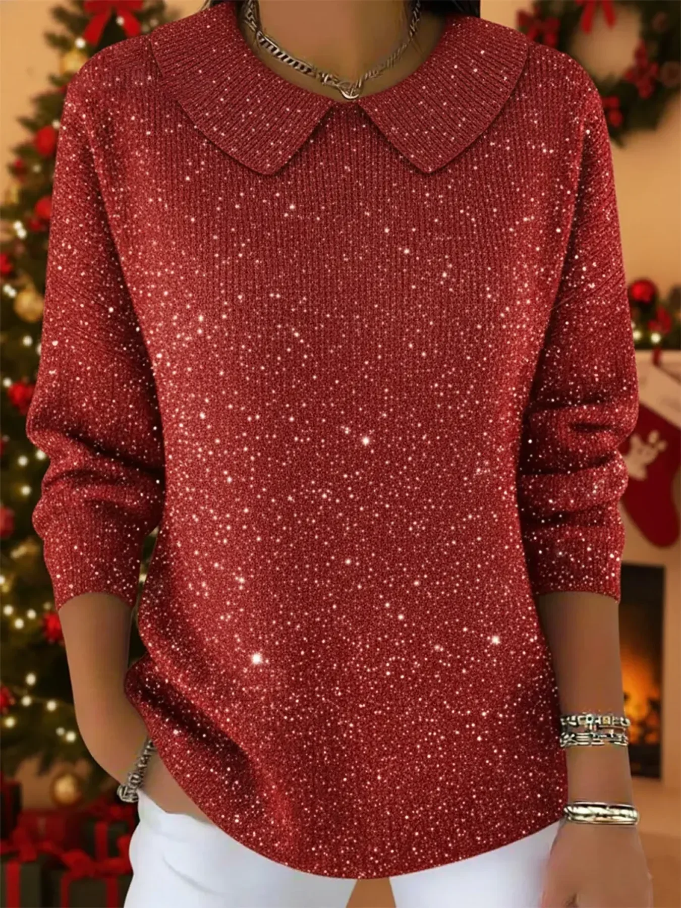 Women Christmas Printing Spring/Fall Casual Long Sleeve Shawl Collar Sweater