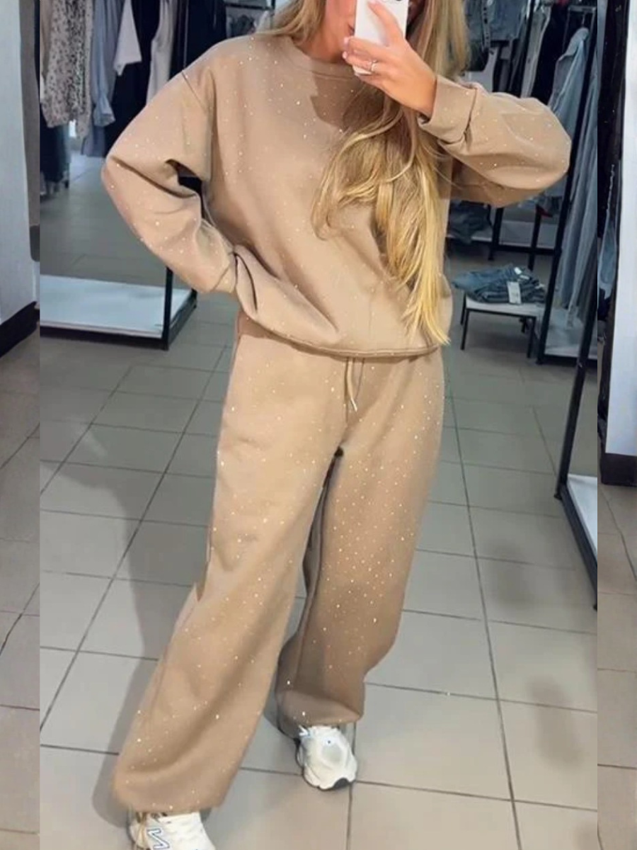 Women Plain Split Joint Two-Piece Set Daily Long Sleeve Casual Spring/Fall Top With Pants Matching Set