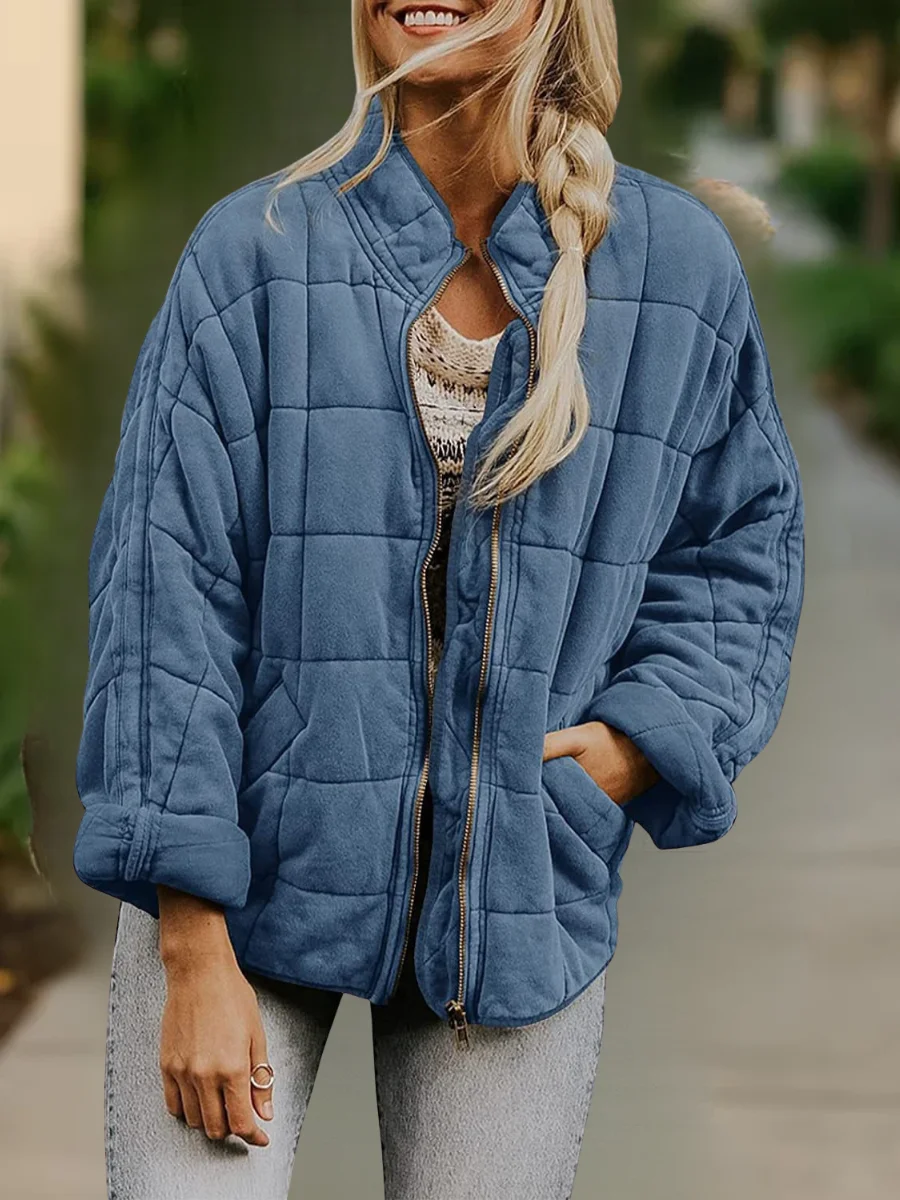 Women Spring/Fall Outerwear Casual Split Joint Plain Long Sleeve Stand Collar Jacket