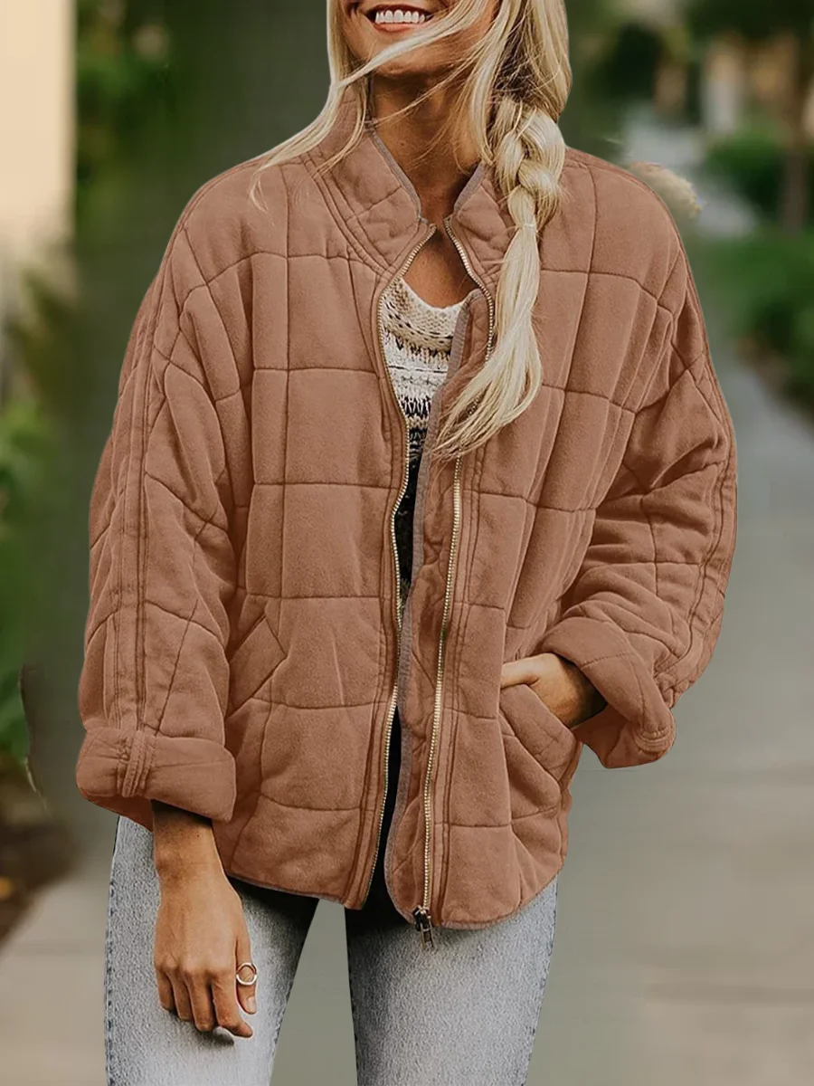 Women Spring/Fall Outerwear Casual Split Joint Plain Long Sleeve Stand Collar Jacket