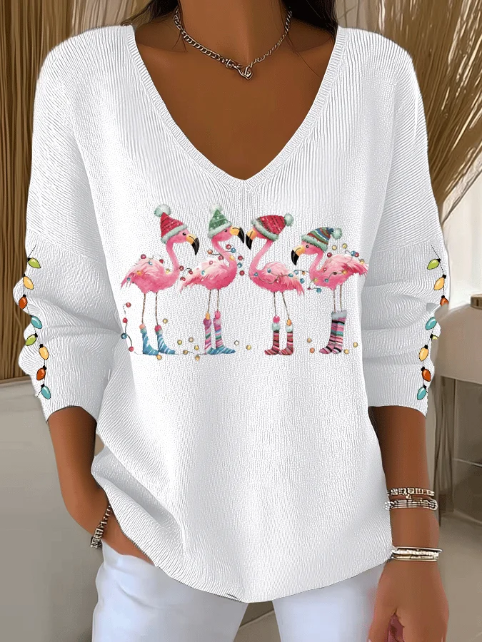 Women Christmas Long Sleeve Tee T-shirt V Neck Printing Casual Spring/Fall Top
