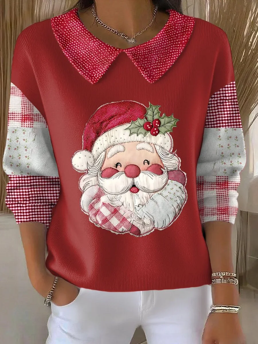 Women Santa Claus Printing Spring/Fall Casual Long Sleeve Shawl Collar Sweater