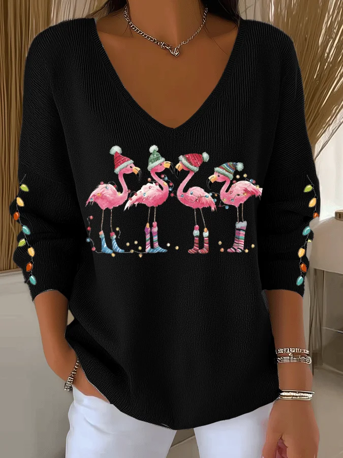 Women Christmas Long Sleeve Tee T-shirt V Neck Printing Casual Spring/Fall Top