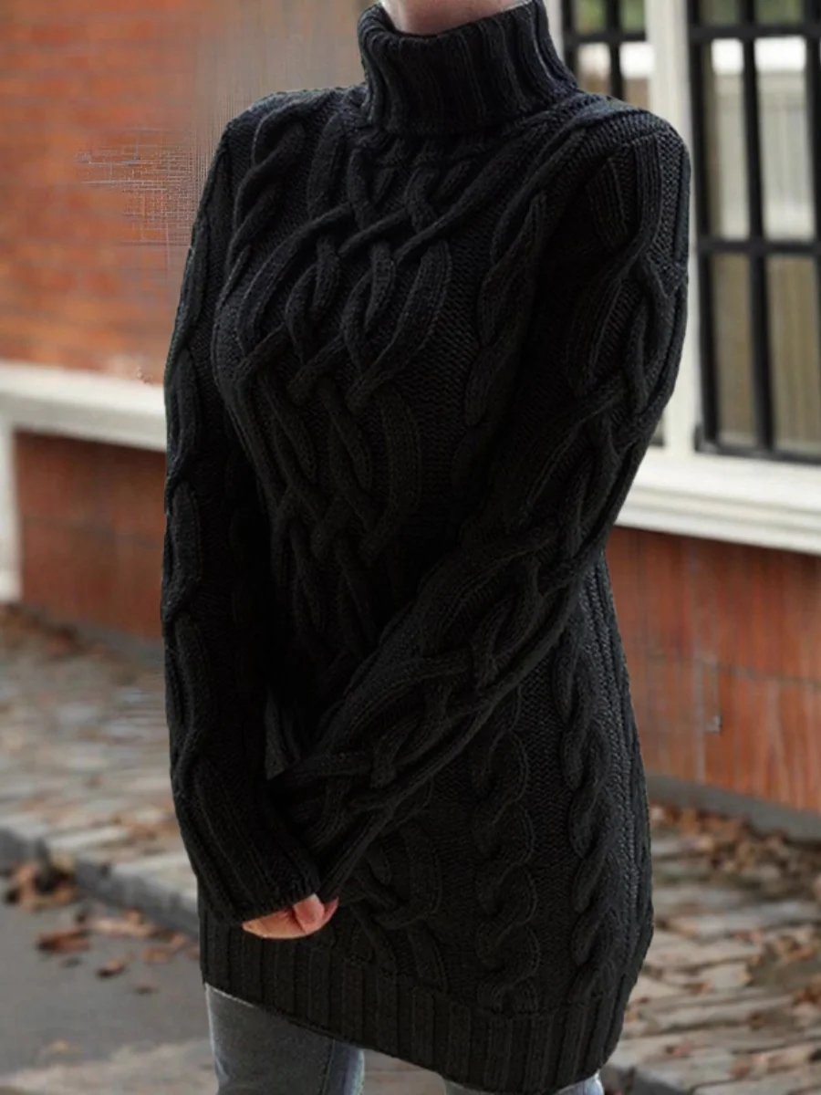 Women Plain Jacquard Winter Street Long Sleeve Mock Neck Sweater