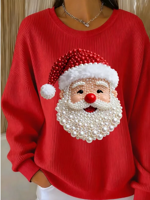 Women Santa Claus Crew Neck Printing Casual Spring/Fall Long Sleeve Sweatshirt