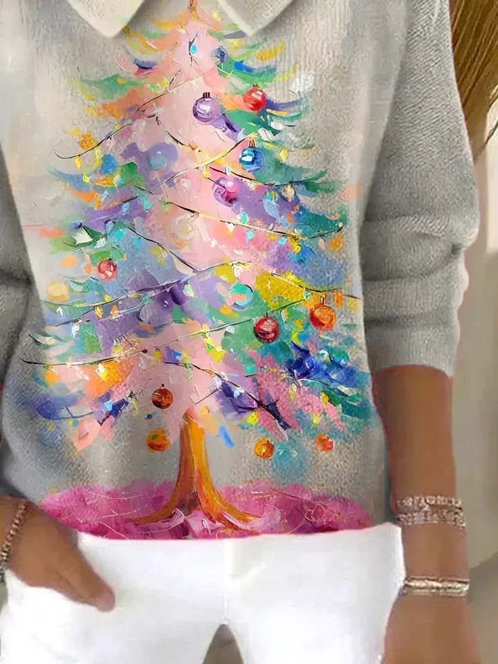 Women Christmas Printing Spring/Fall Casual Long Sleeve Shawl Collar Sweater