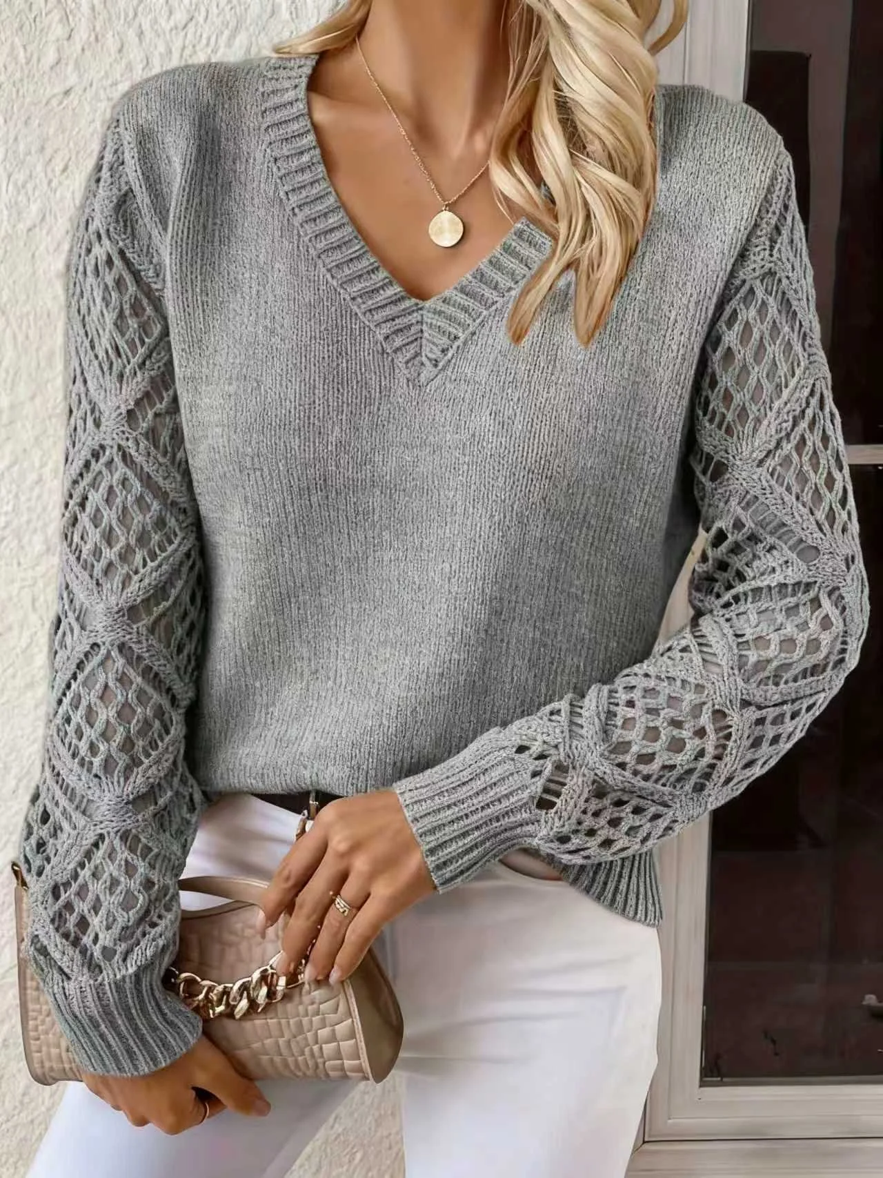 Women Plain Jacquard Winter Casual Long Sleeve V Neck Wool Sweater