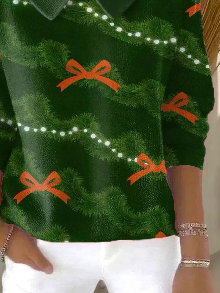 Women Christmas Printing Spring/Fall Casual Long Sleeve Shawl Collar Sweater