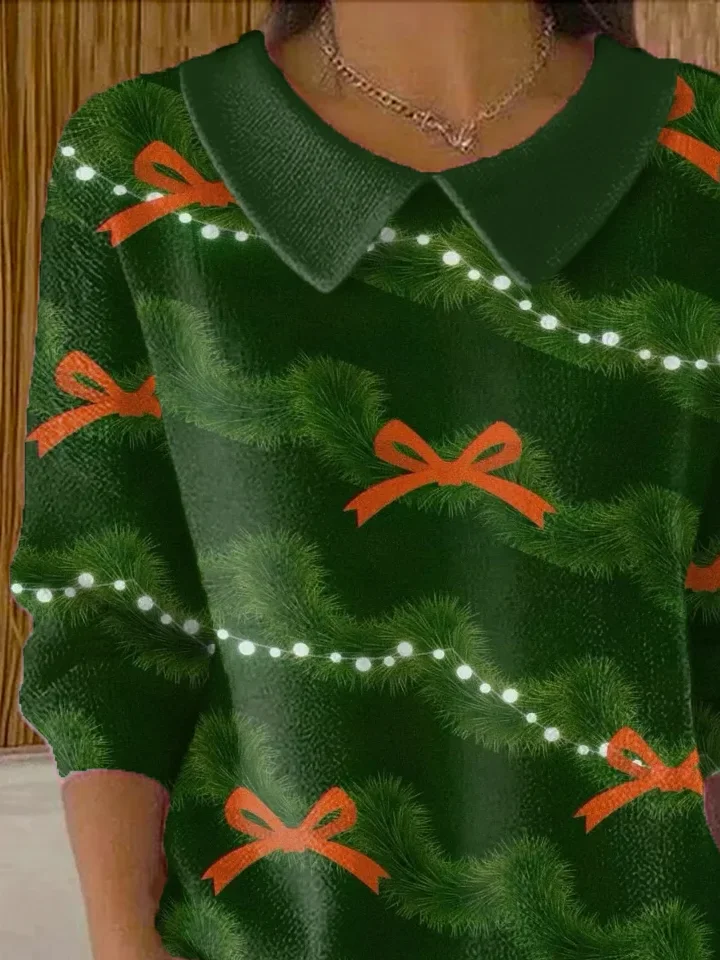 Women Christmas Printing Spring/Fall Casual Long Sleeve Shawl Collar Sweater