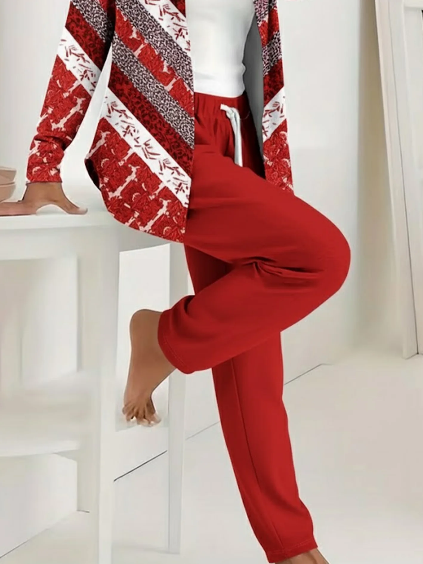 Women Abstract Printing Two-Piece Set Daily Long Sleeve Casual Spring/Fall Coat With Pants Matching Set