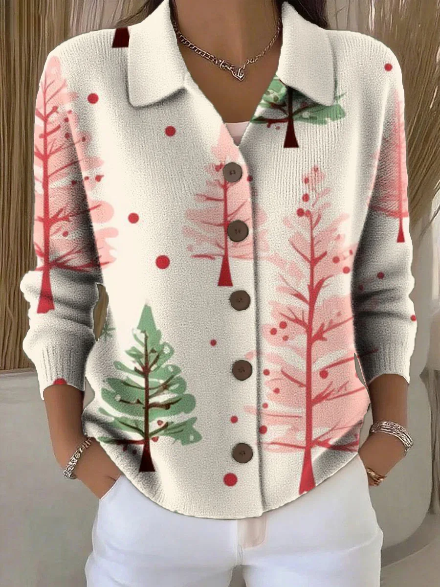 Women Christmas Printing Long Sleeve Shawl Collar Vintage Spring/Fall Cardigan Outerwear