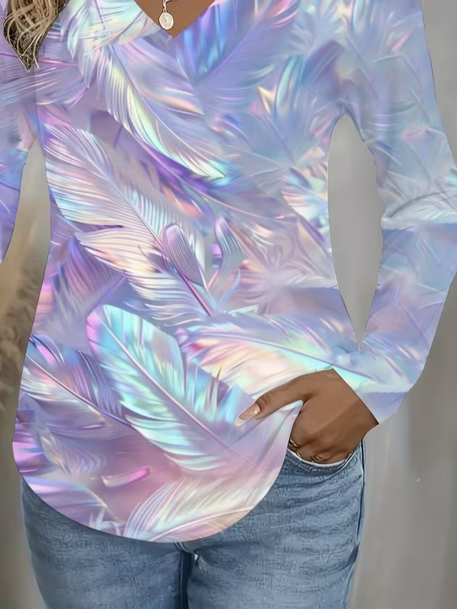 Women Abstract Long Sleeve Tee T-shirt V Neck Printing Casual Spring/Fall Graphic Tee Top