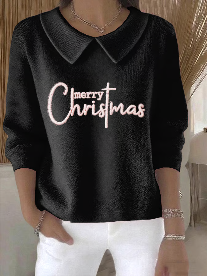 Women Christmas Printing Spring/Fall Casual Long Sleeve Shawl Collar Sweater