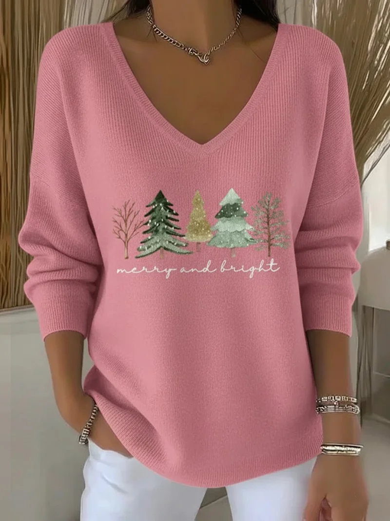 Women Christmas Long Sleeve Tee T-shirt V Neck Printing Casual Spring/Fall Top
