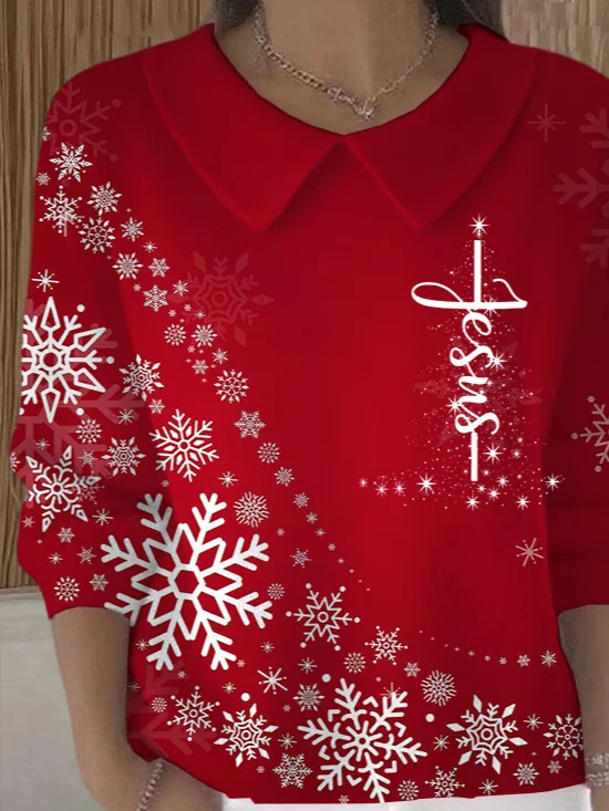 Women Christmas Printing Spring/Fall Casual Long Sleeve Shawl Collar Sweater