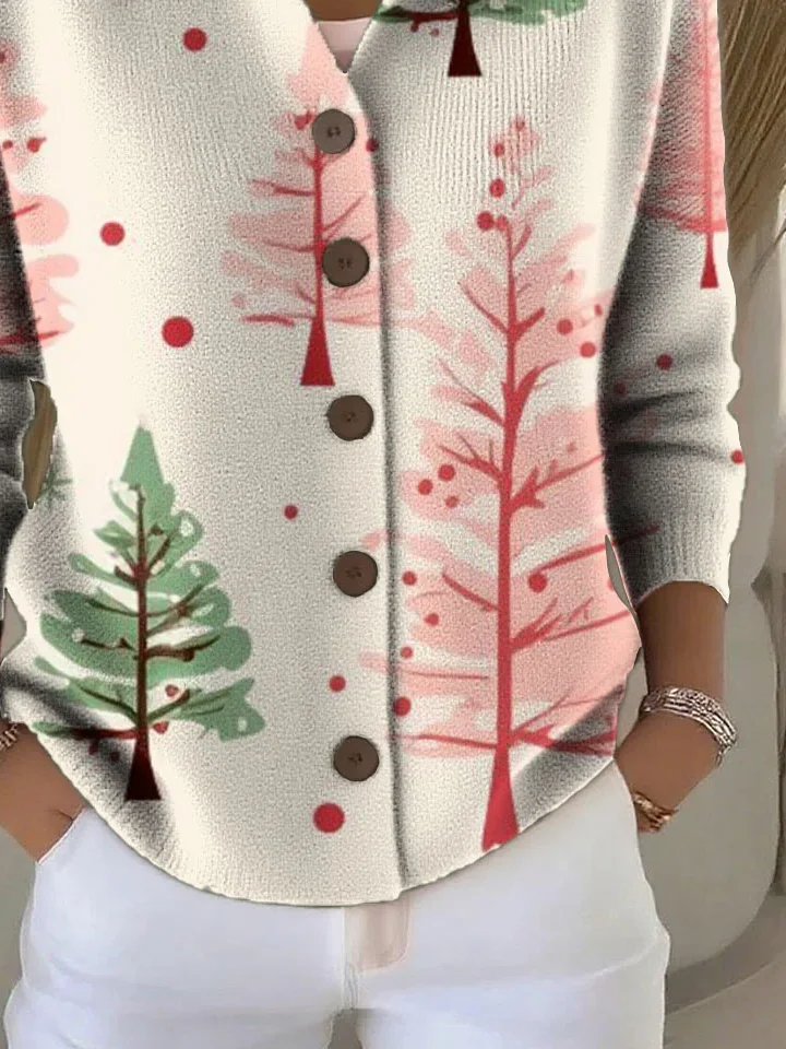 Women Christmas Printing Long Sleeve Shawl Collar Vintage Spring/Fall Cardigan Outerwear