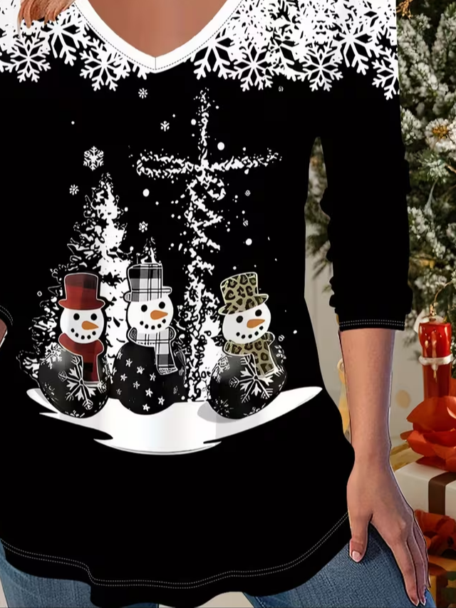 Women Christmas Snowman Long Sleeve Tee T-shirt V Neck Printing Casual Spring/Fall Graphic Tee Top