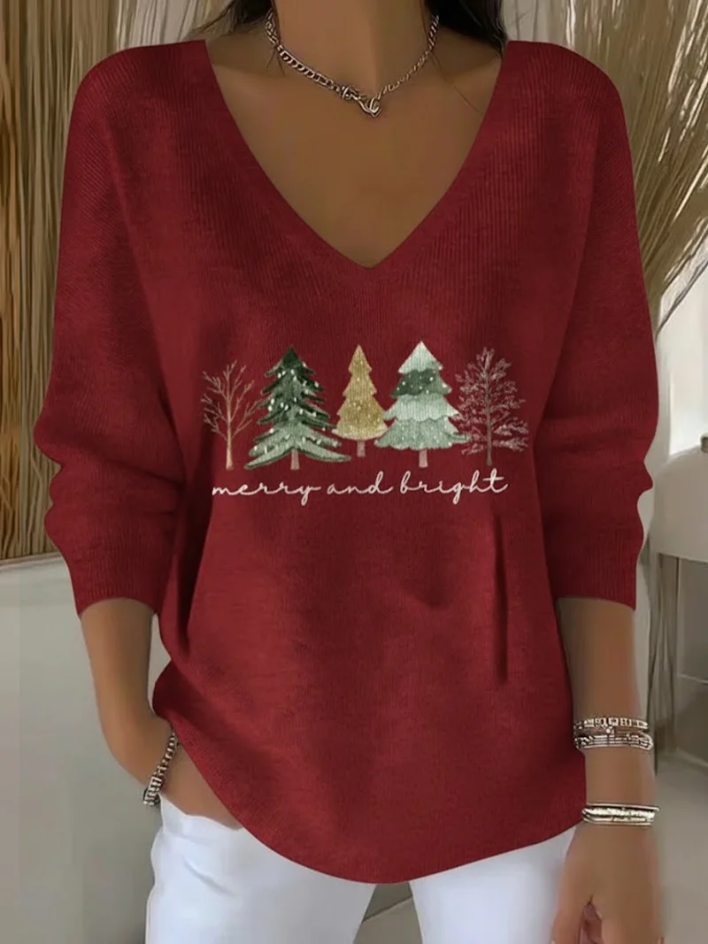 Women Christmas Long Sleeve Tee T-shirt V Neck Printing Casual Spring/Fall Top